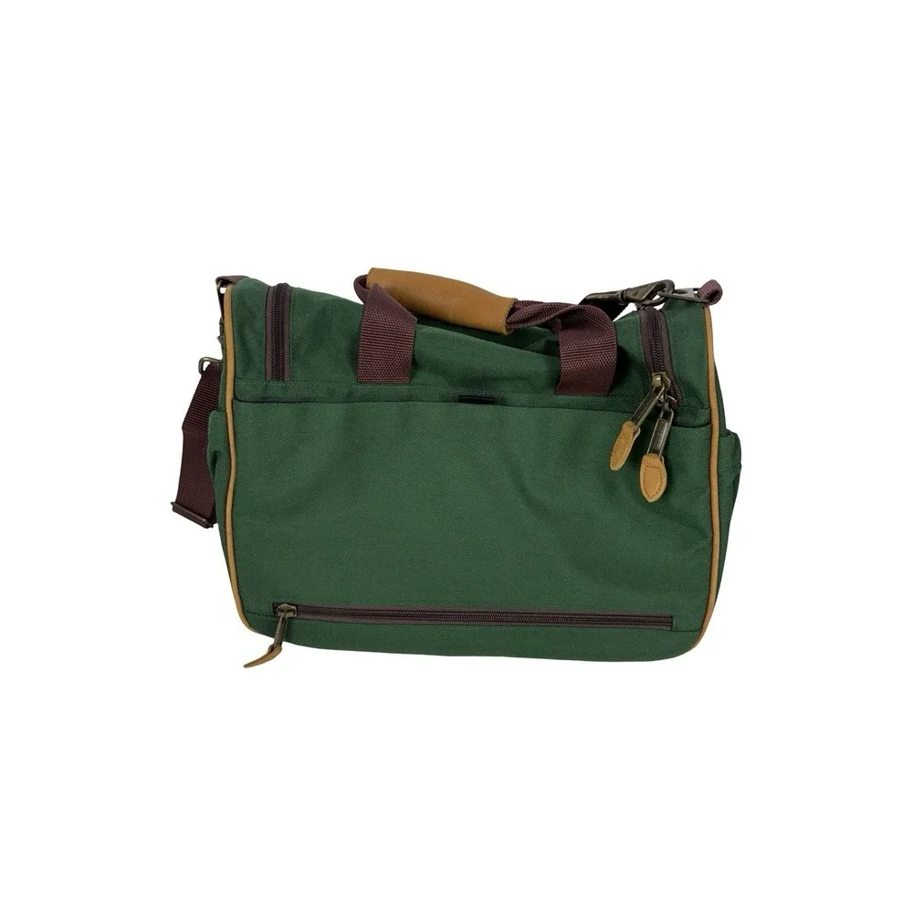 LL Bean Duffle Bag Carry On Small Green Canvas & Leather Straps Vintage